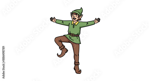 Cheerful cartoon elf in green tunic and pointed hat dancing joyfully.