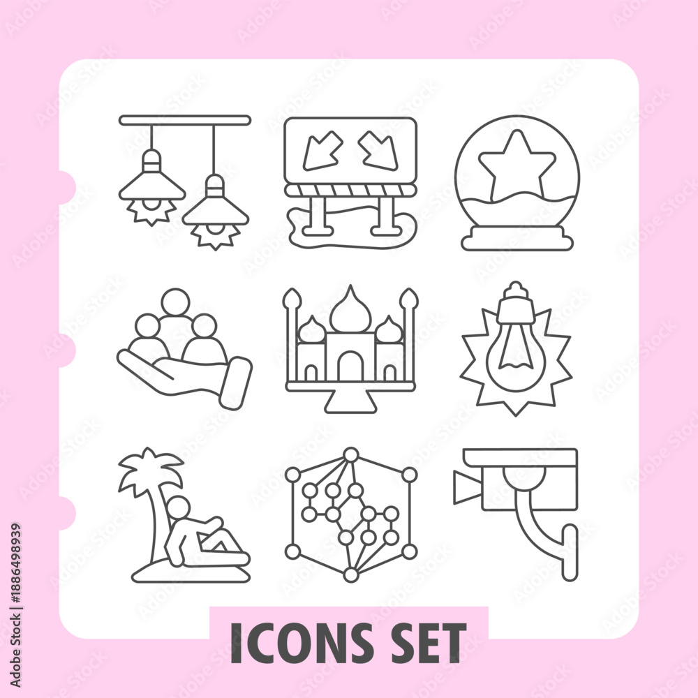 Fototapeta premium Set of nine thin line icons for digital interfaces depicting network, team, collaboration, brainstorming, workflow and navigation elements suitable for web and mobile applications.