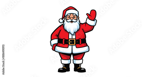 Full-body cartoon illustration of a jolly Santa Claus in a red suit waving hello.