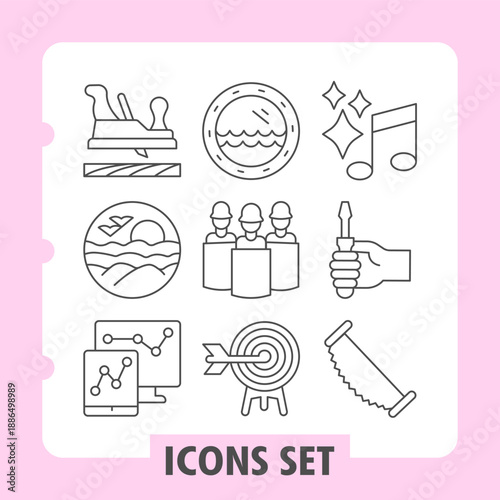 Set of nine thin line icons depicting voting, feedback, teamwork, ideas, settings, target, growth and connectivity, ideal for web and mobile interfaces in digital products and user experience design.
