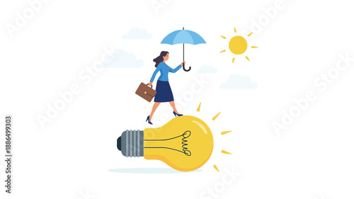 Woman with Umbrella and Briefcase Walks on Lightbulb Under Sun and Clouds