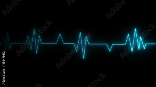 Cyan color neon heartbeat signal icon animation on black background. digital technology heartbeat line