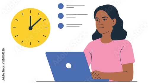 Woman working on laptop with clock and to-do list, time management concept