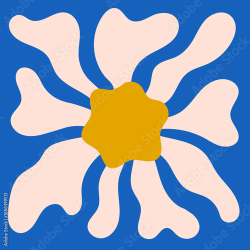 Floral Sunburst Mediterranean Tile. Square decorative vector illustration with radiating petals, folk aesthetics, bright southern ceramic style