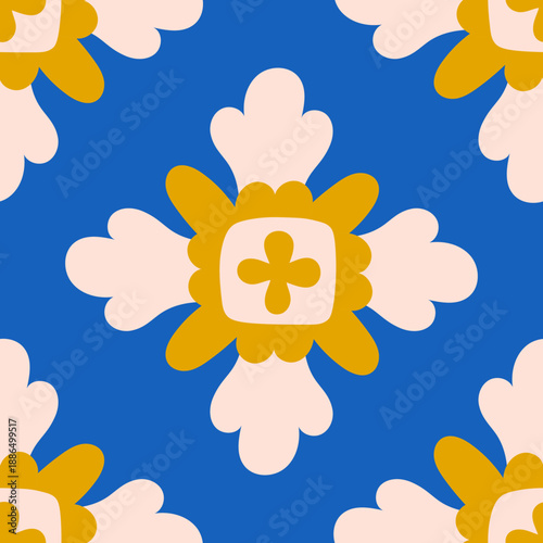 Blue Folk Flower Tile Design. Seamless Pattern. Stylized square illustration with bold blossom shapes, traditional southern aesthetics, ornamental composition, vibrant decorative accent