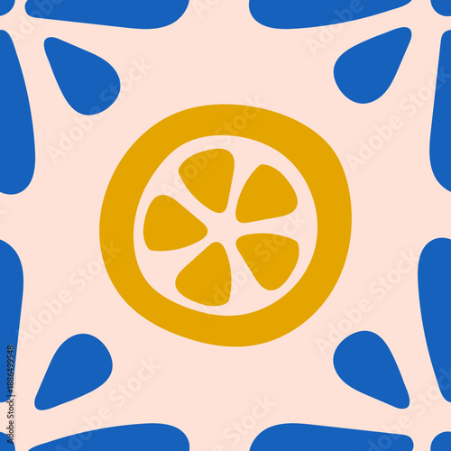 Lemon Blossom Ceramic Tile. Square decorative vector illustration inspired by citrus forms, Mediterranean mood, bright ornamental design