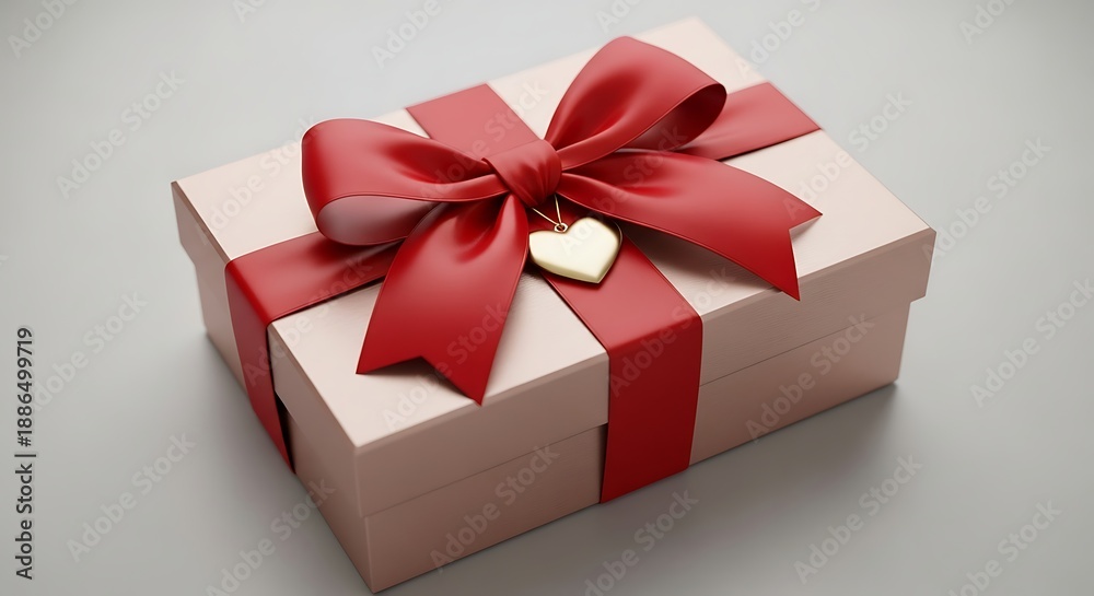 Obraz premium Luxury gift box with red ribbon and gold heart charm on neutral background