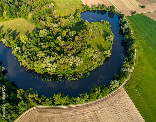 Aerial view of a meandering dark river surrounded by lush green forest and patterned fields