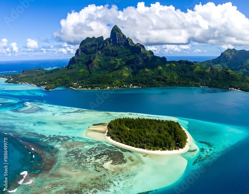 Aerial view of a lush, tropical island with clear, turquoise water and a mountainous backdrop under a bright sky
