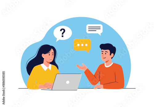 Two people discussing and having a conversation with a laptop computer