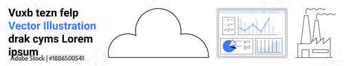 Cloud icon linked to analytical dashboard with charts, graphs, and factory illustration. Ideal for technology, industry, business, cloud computing, data analysis, IoT simple landing page