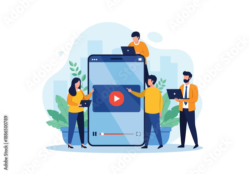 People interacting with large smartphone and laptops in a playful scene for video content creation and collaboration