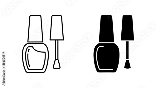A minimalist vector graphic illustration of nail polish bottles and brushes in black and white