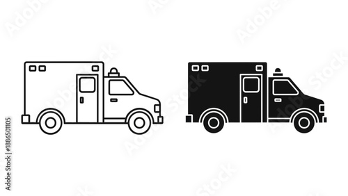 A vector graphic illustration of two ambulance trucks in black and white silhouette designs