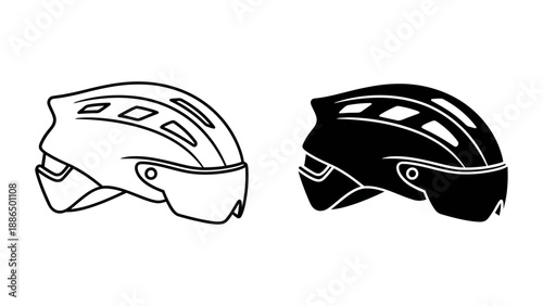 A vector graphic illustration of two bicycle helmets in black and white