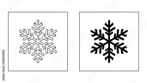 A minimalist vector graphic illustration of two snowflakes in black and white