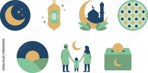 Flat circle illustration set for Ramadan and Eid featuring mosque, lantern, zakat box, and muslim family - Vector Illustration.