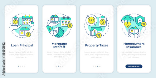 Mortgage payment components onboarding mobile app screen. Walkthrough 4 steps editable graphic instructions with linear concepts. UI, UX, GUI. Montserrat SemiBold, Regular fonts used