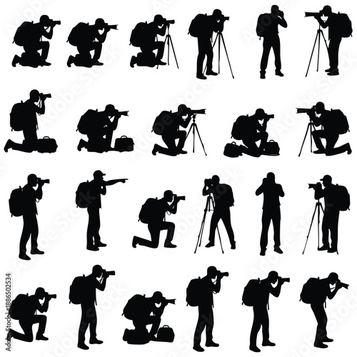 A collection of photographer silhouettes in various poses on transparent background