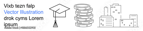 Education funding, financial literacy, urban development, scholarships, academic growth, and investment . Graduation cap, stack of coins and cityscape. Education funding and financial literacy ideas