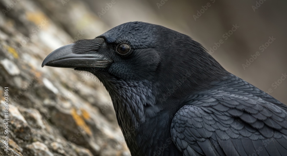 Fototapeta premium Close-up of a dark, glossy-feathered bird with sharp beak and intelligent gaze