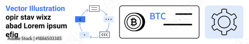Bitcoin logo with BTC text, process flow diagram showing transaction stages, and gear icon. Ideal for cryptocurrency, blockchain, fintech, technology, app design, finance simple landing page