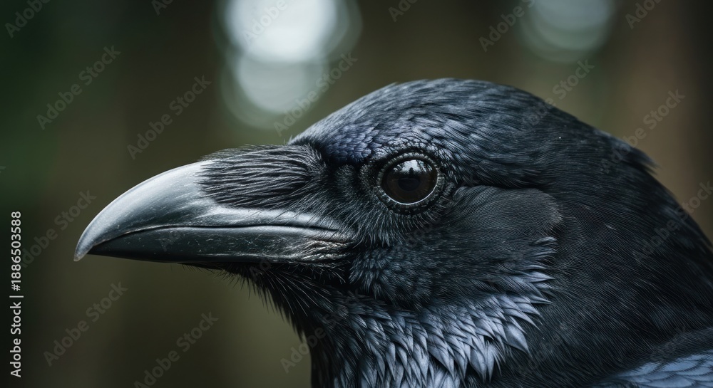 Fototapeta premium Close-up of a dark raven's head and eye, with a blurred natural background
