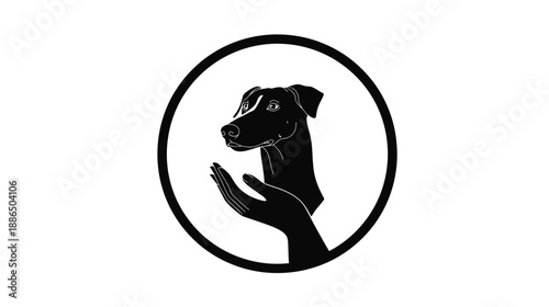 Minimalist black and white illustration of a dog's head gently held by a human hand in a circle, symbolizing pet care and companionship.