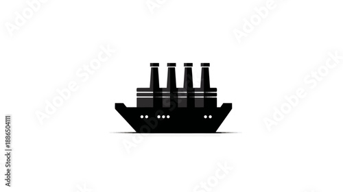Detailed Black Silhouette Icon of a Classic Steamship with Four Smokestacks. Ocean Liner Symbol for Travel and Transport