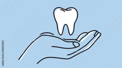 Outline illustration of a hand gently holding a healthy white tooth, symbolizing dental care, oral hygiene, and dentistry concept.
