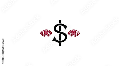 Stylized Dollar Sign with Observing Red Eyes, Representing Financial Oversight and Awareness on White Background