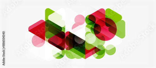 Abstract geometric shapes overlap, creating vibrant color blends. Green, red, pink hues dominate composition. Modern design element.