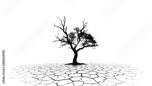 A lone tree stands on parched, cracked earth against a white background silhouette