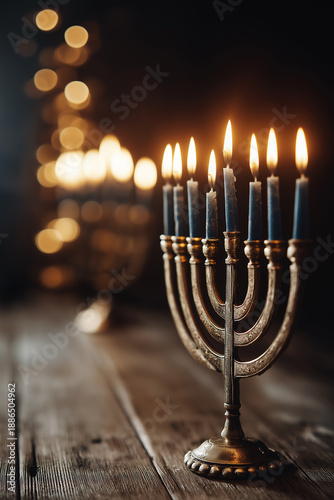 Illuminated menorah with glowing candles atop rustic wooden table, casting a warm, inviting light against blurred background.