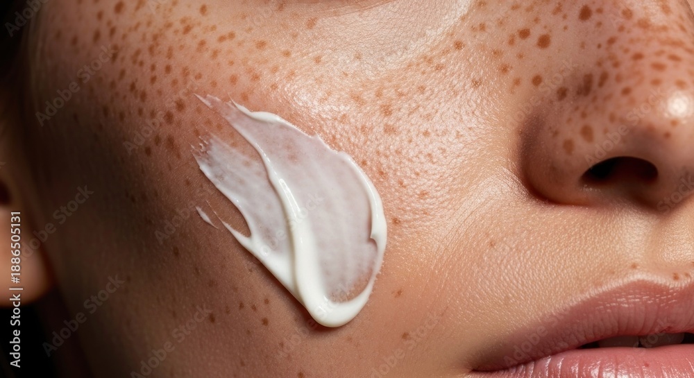 Fototapeta premium Close-up of face applying white cream; freckled skin in focus