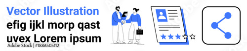 Business collaboration, recruitment, networking, profile sharing, career growth, and online connectivity. Two people shaking hands, resume with stars and share icon. Collaboration and recruitment