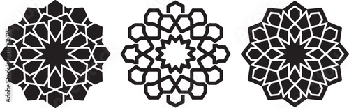Set of three black islamic geometric star patterns, isolated on white background