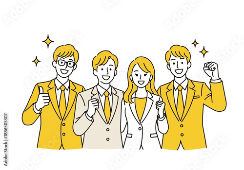 A group of happy business people in yellow and white suits celebrating success