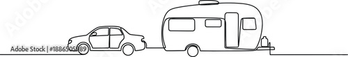 Minimalist continuous line drawing of a car towing a travel trailer on a road