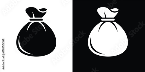 Black and white illustration of a tied bag shown in opposing colors