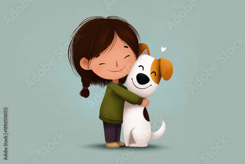 Cartoon illustration of a happy child hugging their dog with a big smile, symbolizing love and friendship between humans and pets
