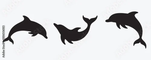 Fototapeta samoprzylepna Set of dolphin silhouettes in dynamic swimming poses. Smooth black shapes in clean vector style, representing marine mammals in motion, isolated on white background.