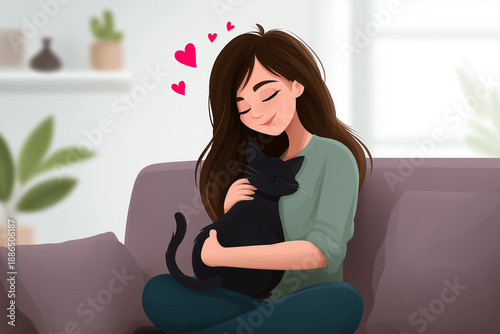 Cartoon illustration of a young woman cuddling her cat while sitting on a cozy sofa, warm and affectionate atmosphere