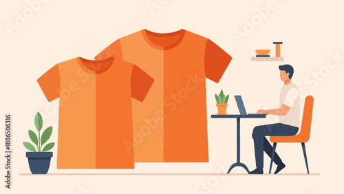 Person works on laptop beside orange t-shirts and potted plants