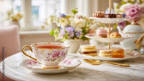Elegant Afternoon Tea Service with Delicate China and Floral Accents on Marble Table