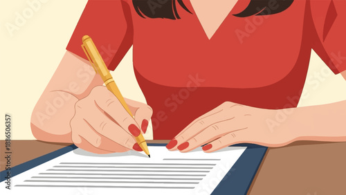 Person's hands writing with a gold pen on a document