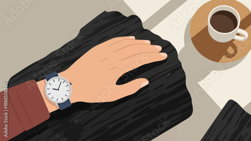 Person's wrist with a watch, a dark textured surface, and a cup of coffee