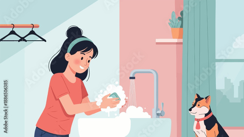 Person washing hands at sink with soap and water, dog watching nearby