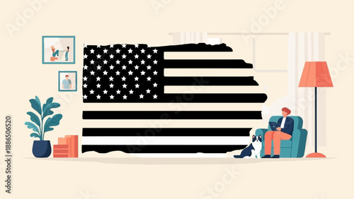 Person with dog in armchair on a beige background with American flag motif