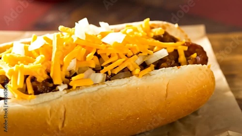 A close-up shot of a chili dog, topped with shredded cheese and onions, on a wooden surface